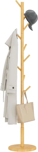 Vista 9 de Perchero de dos niveles independiente, fácil de montar, 8 ganchos, perchero de madera con almacenamiento para zapatos, árbol de abrigo resistente