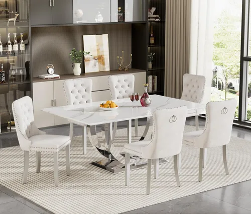 Vista 74 de Juego de mesa de comedor de 5 piezas para 4, mesa de cocina de mármol negro de 68 pulgadas con 4 sillas beige, mesa de comedor rectangular moderna