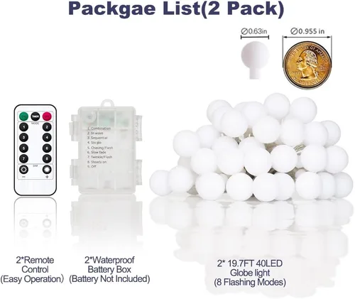 Vista 6 de Guirnalda de luces de globo funciona con pilas, color blanco cálido, resistente al agua, paquete de 2 unidades de 40 luces LED de 19.7 pies, 8 modos