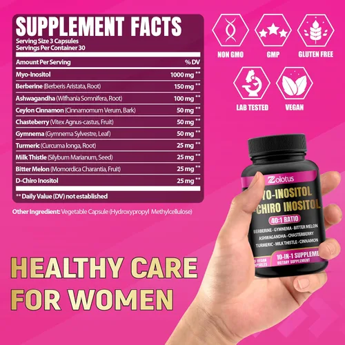 Vista 3 de Zolotus Myo-inositol y D-Chiro Inositol Proporción Ideal Suplemento de inositol con melón amargo, cardo mariano, cúrcuma, gimnasia, casteberry