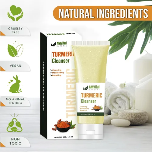 Vista 6 de AMVital Jabón facial de cúrcuma – Limpiador facial de cúrcuma con aloe vera, vitamina E y extractos naturales – Lavado facial de gel diario ligero
