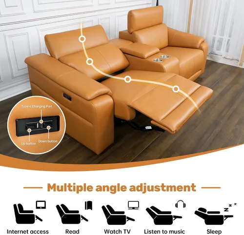 Vista 8 de Sofá reclinable eléctrico de dos plazas, sofá modular reclinable con reposacabezas ajustable y reclinable eléctrico, cuero transpirable con consola