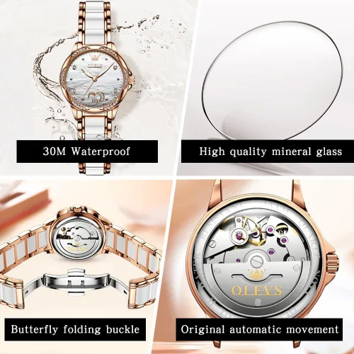 Vista 5 de OLEVS Elegante reloj automático para mujer, elegante, de cara grande, con diamante, resistente al agua, correa de cerámica de acero inoxidable