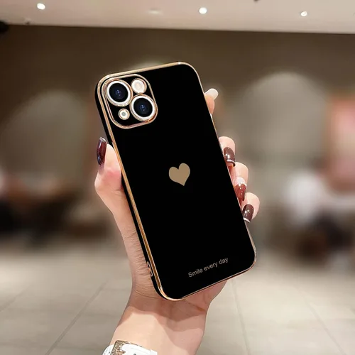 Vista 2 de Teageo - Funda para iPhone 14 Plus para mujeres y niñas, diseño de corazón de amor, color negro Luxury Plating Soft Bling Back Cover Raised Full