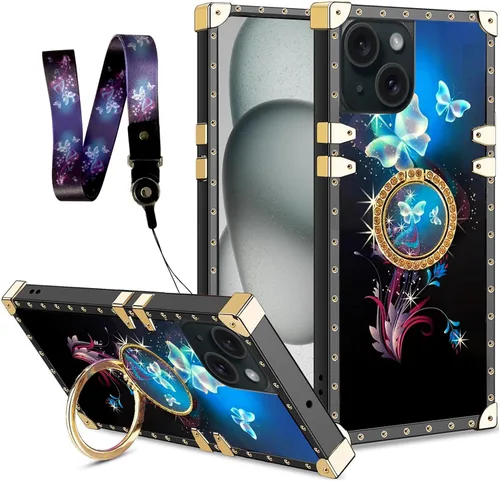 Vista 16 de nancheng Funda para iPhone 15, diseño de flor de mariposa azul, TPU suave, a prueba de golpes, con soporte de anillo y cordón a juego, elegante