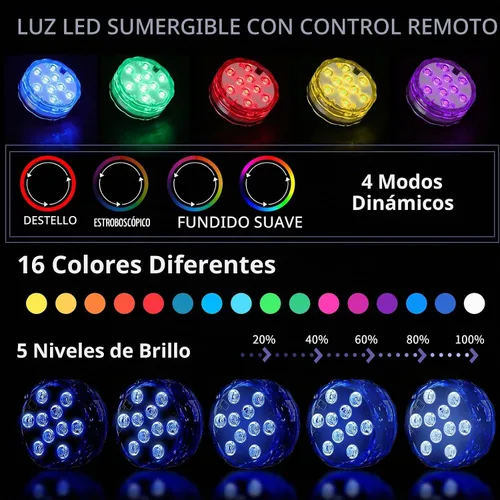 Vista 4 de Hortsun Paquete de 4 luces LED sumergibles con control remoto impermeable para piscina, luz LED subacuática que funciona con pilas, lámpara