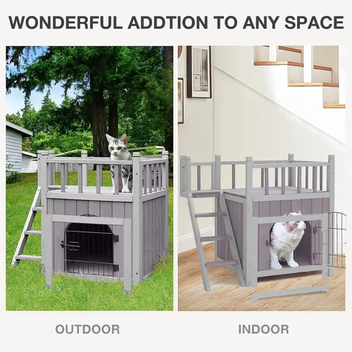 Vista 6 de Casa de gato para interiores y exteriores, refugio de gatos de madera con puerta de alambre bloqueable, balcón y escaleras