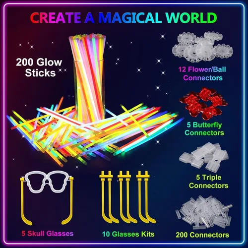 Vista 5 de BUDI 467 piezas de palos brillantes para fiestas para niños y adultos, suministros de fiesta que brillan en la oscuridad, accesorios para el 4