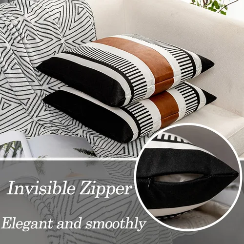 Vista 5 de Juego de 2 fundas de almohada bohemias a rayas de 16 x 16 pulgadas, fundas de almohada de cuero modernas para sofá, cama, decoración de granja