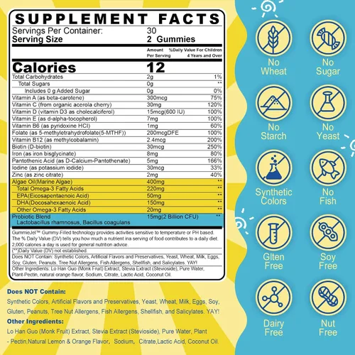 Vista 2 de Gomitas multivitamínicas para niños con hierro, sin azúcar, vitaminas diarias para niños + probióticos, Omega 3 de algas (EPA/DHA), A, C, D, metil