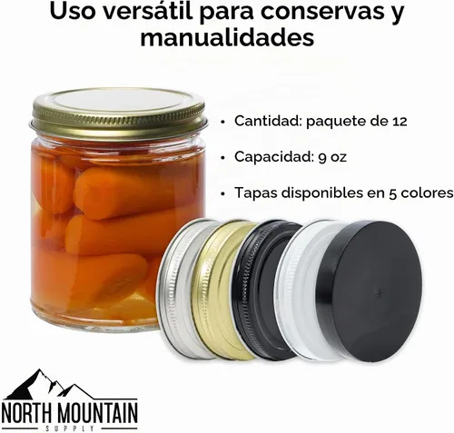 Vista 4 de North Mountain Supply Tarros de conservas de vidrio transparente de 9 onzas con tapas de metal negro de 2.756 in, caja de 12