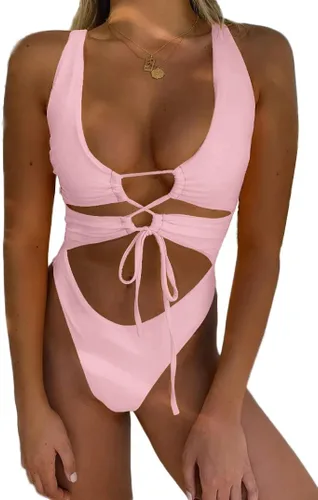 Vista 20 de Traje de baño sexy de una pieza con recortes, encaje, espalda descubierta y corte alto monokini para mujer Azul bebé