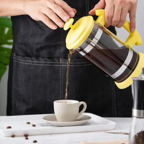 Vista 3 de Cafetera de acero inoxidable, cafetera de prensa para el hogar, cafetera de café preparada a mano, taza de café de 1 litro (color amarillo)