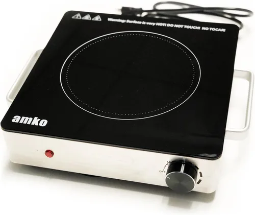 Vista 2 de Amko AK-IR15 - Placa de cocina portátil de cerámica infrarroja de acero inoxidable de un solo quemador, color negro y plateado