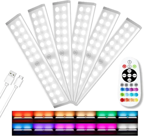 Vista 10 de 58 luces LED para debajo del gabinete, luz recargable RGB con sensor de movimiento para interior, luces nocturnas con control remoto, pack de 2