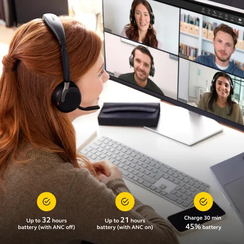 Vista 8 de Jabra Evolve2 65 Flex Auriculares Estéreo con Bluetooth, Almohadilla de Carga Inalámbrica - Tecnología ClearVoice de Cancelación de Ruido y Equipos