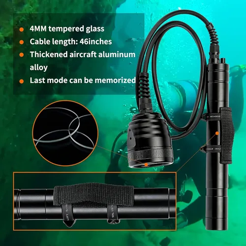 Vista 5 de WD70 - Luz de buceo con recipiente – Kit de linterna técnica de buceo ultra brillante de 3000 lúmenes con mango Goodman ajustable, 5 modos de luz
