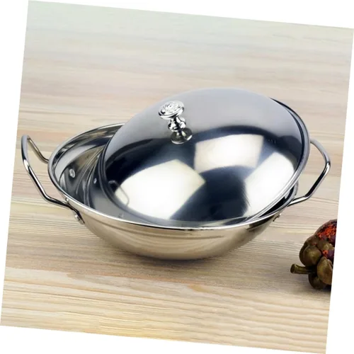 Vista 7 de UPKOCH Olla de cocina de acero inoxidable chino Shabu Shabu olla caliente doble mango salsa antiadherente con tapa pequeña stock, 9 pulgadas