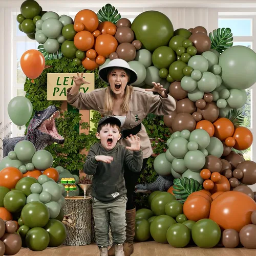 Vista 6 de Kit de guirnalda de globos de dinosaurio de 141 piezas, globos latxe marrones, naranjas, verde salvia para decoración de fiesta temática de jungla