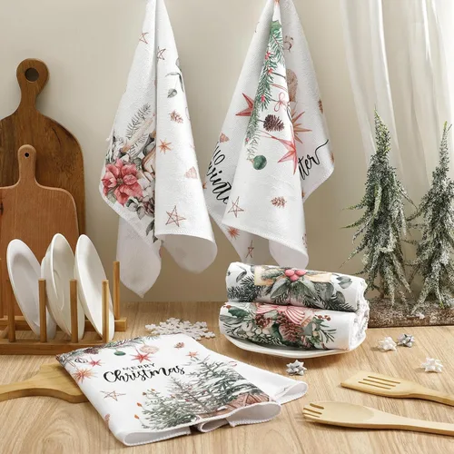 Vista 2 de FuWeave Toallas de Cocina Navideñas Beige Paños de Cocina con Árbol Navideño Toallas de Mano Decorativas Hello Winter Absorbentes Pelota de Guantes