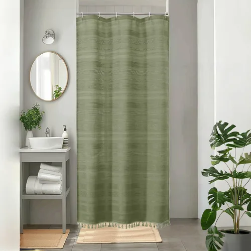 Vista 19 de OVZME Cortina de ducha bohemia negra, cortina de ducha estrecha de tela suave a rayas de lino texturizado con borla, moderna decoración de baño