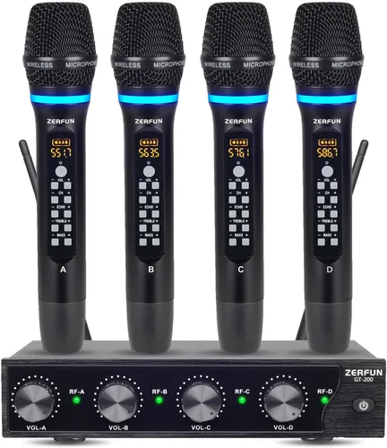 Vista 10 de Sistema de Micrófono Inalámbrico Recargable ZERFUN Pro de 4 Canales, Micrófonos Inalámbricos de Mano UHF de Metal con Control de Volumen, 4x50