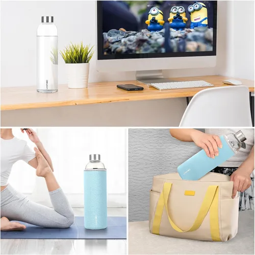Vista 7 de Botella de agua de vidrio de 32 onzas con tapa y funda de neopreno, color azul claro Glass Drinking Bottle 1000ml, Reusable Bpa Free, Leakproof