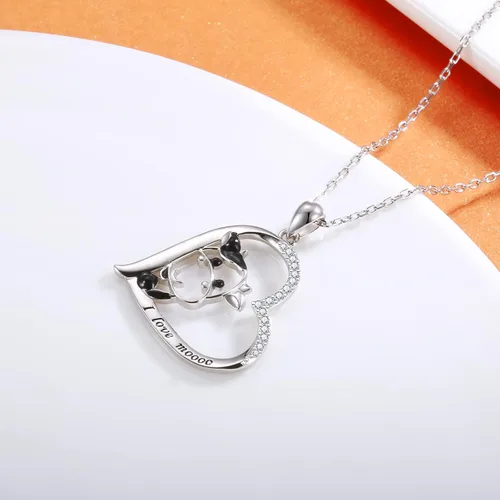 Vista 3 de Collar de vaca de plata de ley 925 con colgante de vaca, joyería con estampado de vaca para mujer, regalos de cumpleaños
