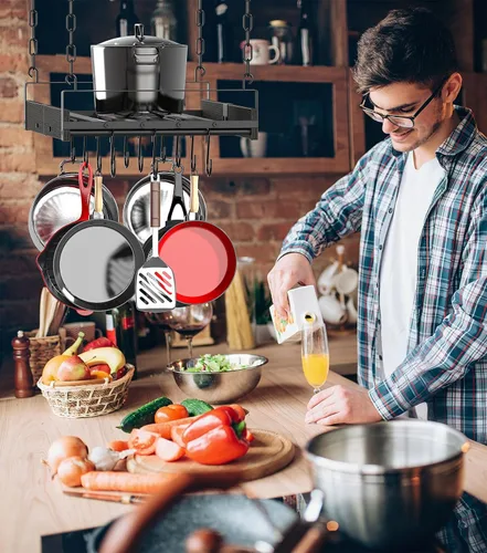 Vista 8 de Creso hom Estante Colgante para Ollas, 24x13 Pulgadas Colgadores de Ollas para Cocina, Estante Colgante para Sartenes con 12 Ganchos en Forma de S