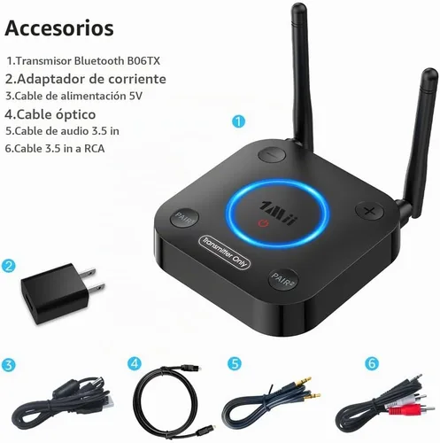 Vista 7 de 1Mii B06TX Transmisor Bluetooth 5.2 para TV a Auriculares/Altavoces Inalámbricos, Adaptador Bluetooth para TV con Control de Volumen, Entradas
