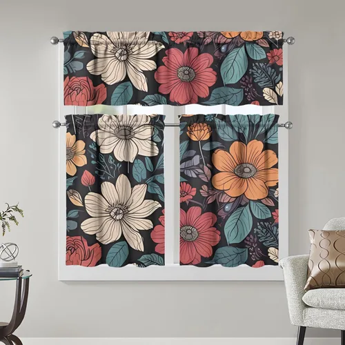 Vista 17 de Juegos de cortinas bohemias de cocina para ventanas, cortina bohemia con flores, cenefa para ventana de fregadero, juego de 3 piezas, decoración