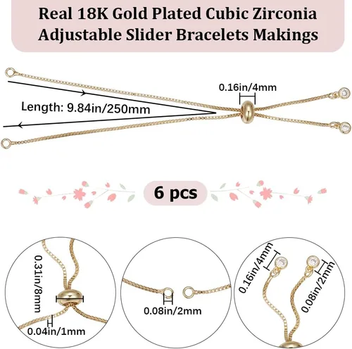 Vista 2 de Beebeecraft 1 caja de 6 pulseras deslizantes ajustables chapadas en oro de 18 quilates con circonita cúbica italiana con cuentas de bola italiana