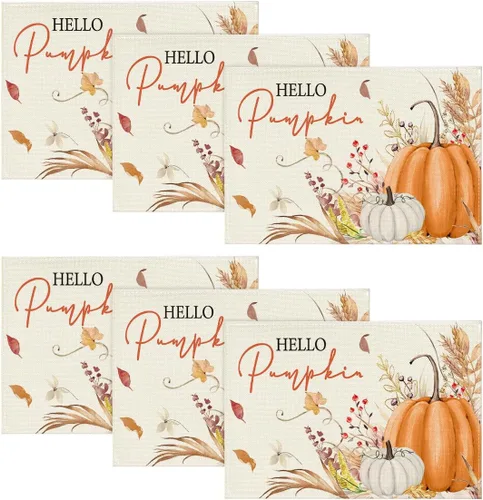 Vista 9 de Artoid Mode Juego de 2 manteles individuales de otoño de 12 x 18 pulgadas con diseño de hojas florales de calabaza naranja y calabaza
