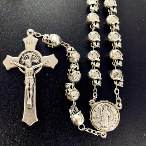 Vista 5 de elegantmedical Hecho a mano Católico San San Benito Rosario Crucifijo Cruz Plata Cráneo Cuentas Collar Católico Caja de Regalo