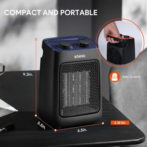 Vista 8 de shinic Calentador de espacio portátil con termostato, calentador de oficina de cerámica PTC pequeño de 1500 W para uso en interiores, calentamiento