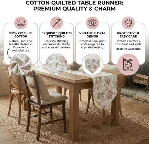 Vista 8 de DaDalogy Bedding - Camino de mesa de comedor acolchado floral con rosas de algodón – Bonito tapete decorativo de algodón para el jardín, bar