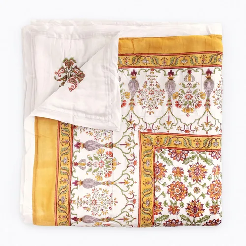 Vista 15 de Saffron Marigold Manta acolchada reversible rosa, tamaño Queen, hecha a mano, con estampado de dalia Daydreams de algodón Jaipuri Razai, colcha