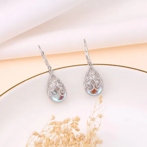 Vista 83 de Aretes colgantes de filigrana de plata de ley 925, margarita, loto, flor de rosa, piedra lunar, lágrima para mujer, nudo celta infinito, margarita