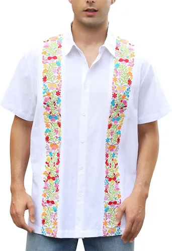 Vista 16 de Camisas mexicanas para hombre, camisa de manga corta bordada con botones y cuello de guayabera tradicional Alebriges Negro