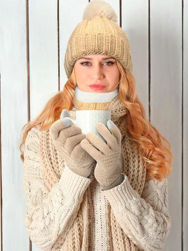 Vista 5 de Juego de 12 piezas de gorro de invierno, bufanda, guantes para pantalla táctil, forro polar, gorro de punto, bufanda calentador de cuello