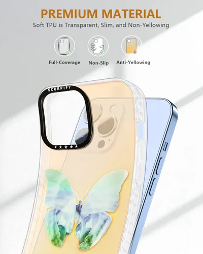 Vista 6 de SCORPIFY Funda para iPhone 14 Pro Max con diseño iridiscente de mariposa azul, bonita funda transparente para mujeres y niñas