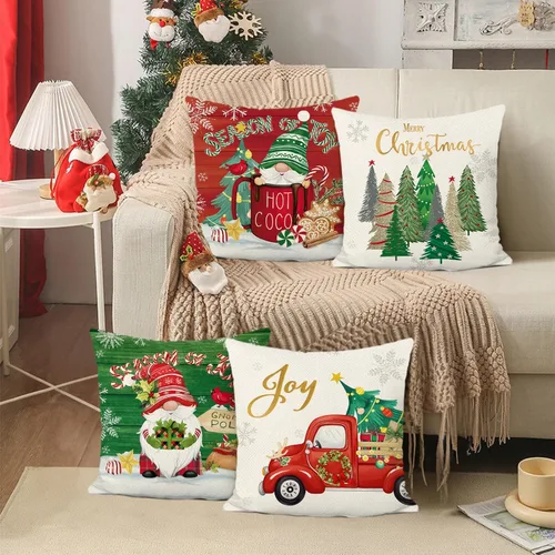 Vista 3 de Bonhause Juego de 4 fundas de almohada de gnomos de Navidad de 18 x 18 pulgadas, diseño de árbol de Navidad, camión rojo, para sofá, hogar