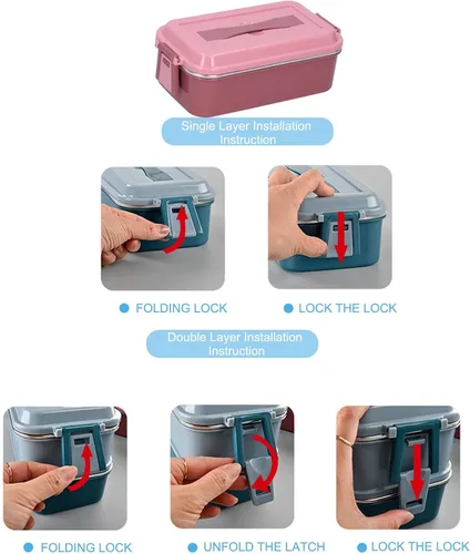 Vista 2 de Portable Stainless Steel Lunch Box, Bento Insulated Rectangular Rice Box, Single Layer Food Container with Handle for Home and School Use