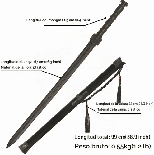 Vista 2 de 39" Plastic Martial Arts Polypropylene Training Katana Practice Sword, Black Chinese Tang Dynasty Style Dragon Pattern Decorated Sword with Scabbard