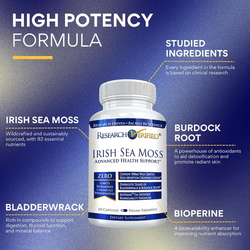 Vista 2 de Research Verified Musgo marino irlandés - Bladderwrack, bardana, bioperina, rico en prebióticos, aumenta la inmunidad, ayuda a la digestión - 60