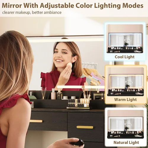 Vista 6 de Garvee Escritorio de tocador con espejo grande y luces, escritorio de maquillaje de 45.9 pulgadas, 3 modos de iluminación de brillo ajustable, mesa