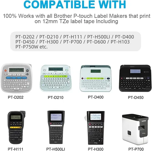 Vista 2 de Cinta de etiquetas de repuesto compatible para Brother TZe-231 TZe-131 TZe-431 TZe-531 TZe-631 TZe-731 0.472 in 0.47 Laminada
