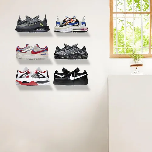 Vista 2 de Zapatero flotante de acrílico para montaje en pared, estante de almacenamiento transparente para uso doméstico, estante de exhibición de zapatos
