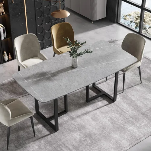 Vista 11 de Mesa de comedor moderna, mesa de comedor de piedra sinterizada blanca antigua con patas de mesa de acero al carbono negro, mesa de comedor Blanco