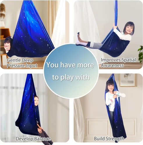 Vista 4 de Columpio sensorial para niños, terapia interior y exterior, hamaca para acurrucarse, con capacidad para hasta 300 libras, con kit de colgador